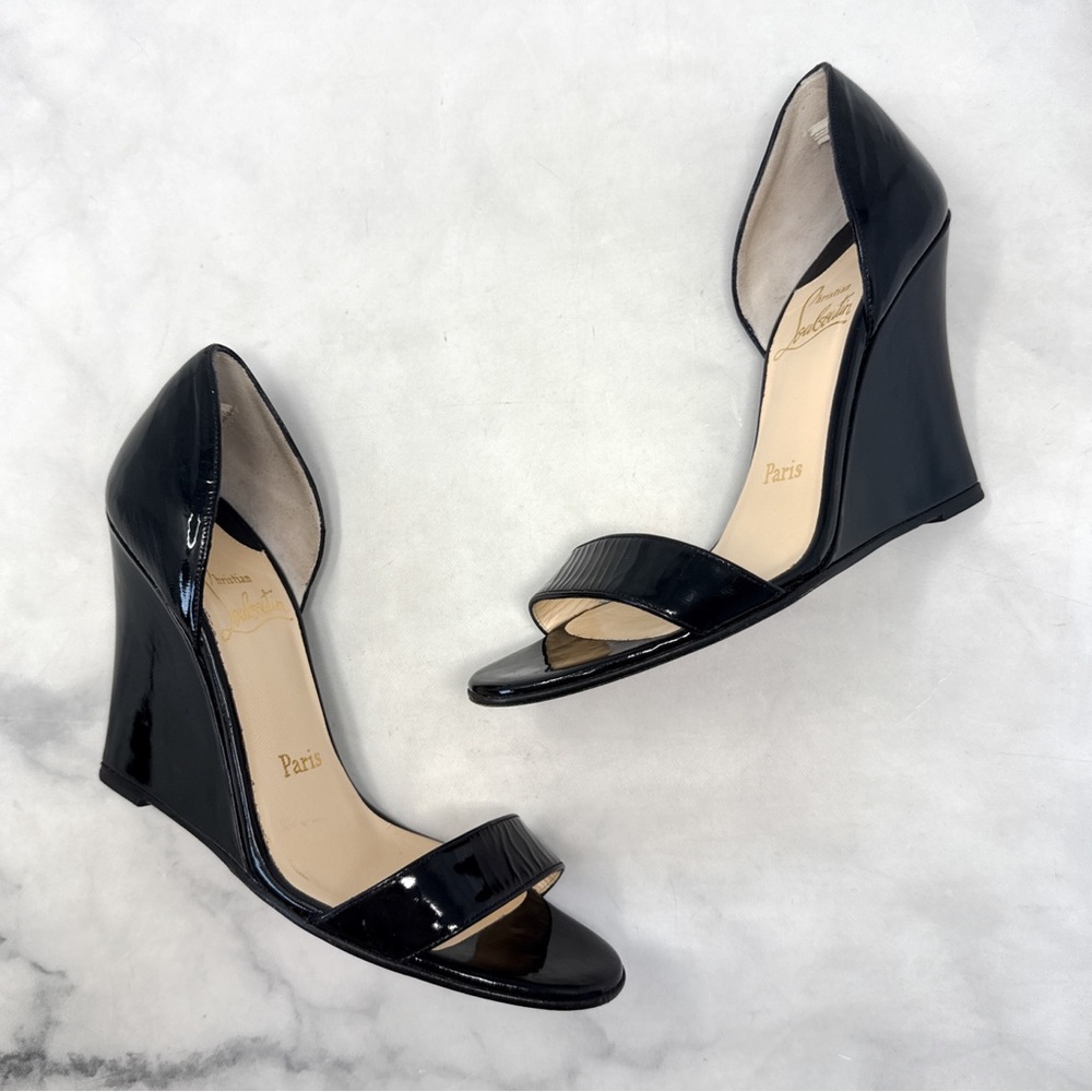 Christian Louboutin Vintage Y2K Pass Mule Patent Leather Wedge Heel Pumps Black
